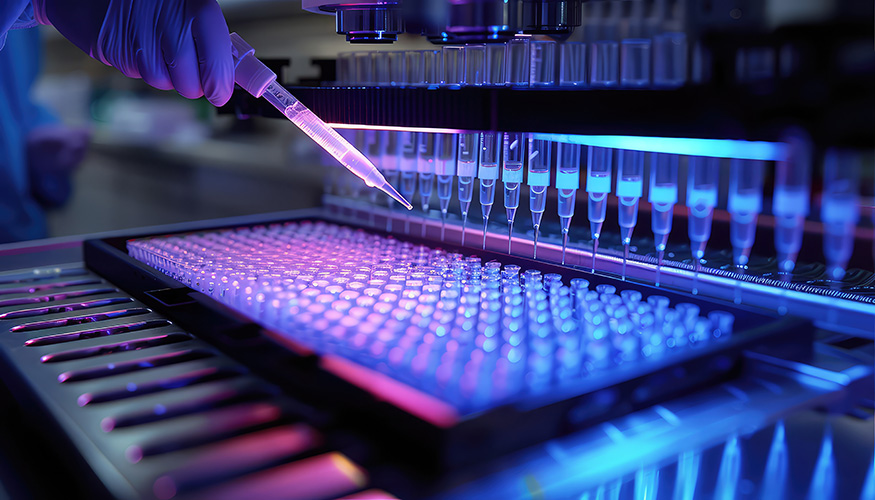 A gloved hand holds a pipette over a tray of test tubes under neon lighting in a laboratory, indicating work in a scientific or medical research setting.