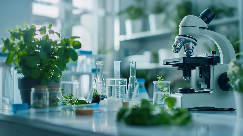 Photo of microscope in lab with various containers filled with sample of plants